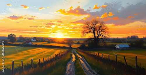 sunset, countryside, village, oilpainting, painting, artwork, art, canvas, texture, brushstroke, landscape, scenery, scenic, rural, nature, sky, clouds, orange, golden, warm, evening, dusk, horizon, s