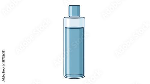 Tall cylindrical bottle with a blue liquid and a matching screw cap representing a refreshing toner or makeup remover for daily skincare.