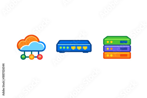 Cloud, Network Switch, and Server Stack Icons with Glowing Effect