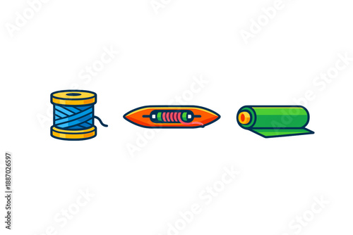 Textile manufacturing icons: spool of thread, shuttle, and fabric roll