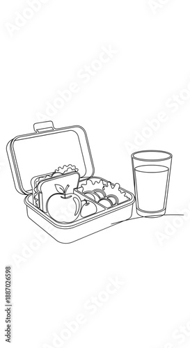 Healthy meal concept in a lunch box with sandwich, apple, chips, and a drink, illustrated in a simple line art style