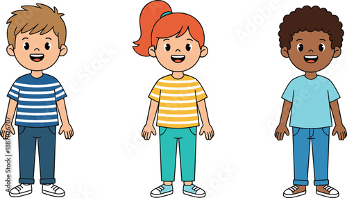 Cute kids standing together diverse children characters set smiling boys and girl cartoon vector illustration isolated