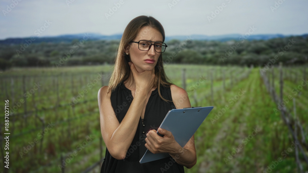 Obraz premium Woman holding clipboard and touching her neck while frowning in a forest vineyard field inspection; rural inspection concern.