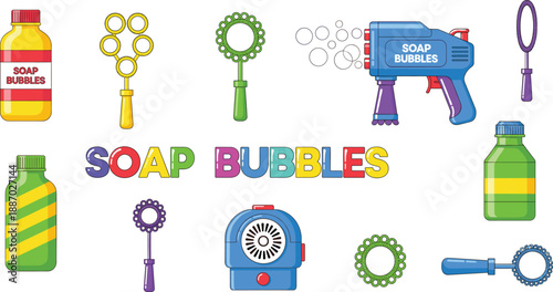 Colorful Soap Bubbles Toy and Bottle Icon Set with Bubble Guns and Wands for Kids Party Design