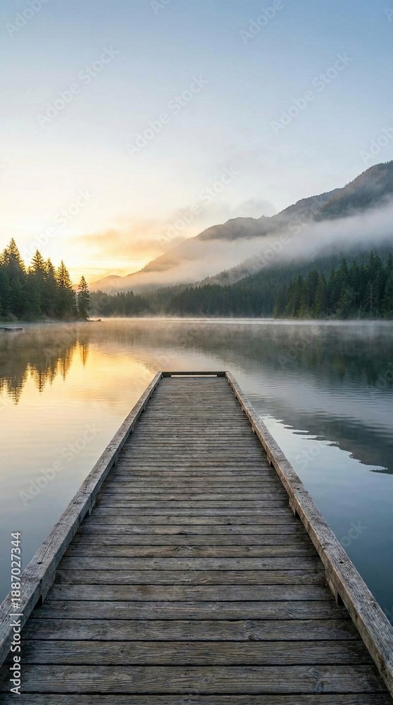 Fototapeta premium Muelle de madera que se adentra en un lago tranquilo con niebla y montañas al amanecer, reflejando el paisaje sereno y los árboles en el agua en calma.