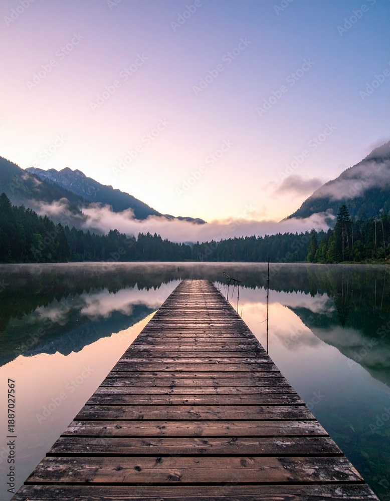 Fototapeta premium Muelle de madera que se adentra en un lago tranquilo con niebla y montañas al amanecer, reflejando el paisaje sereno y los árboles en el agua en calma.