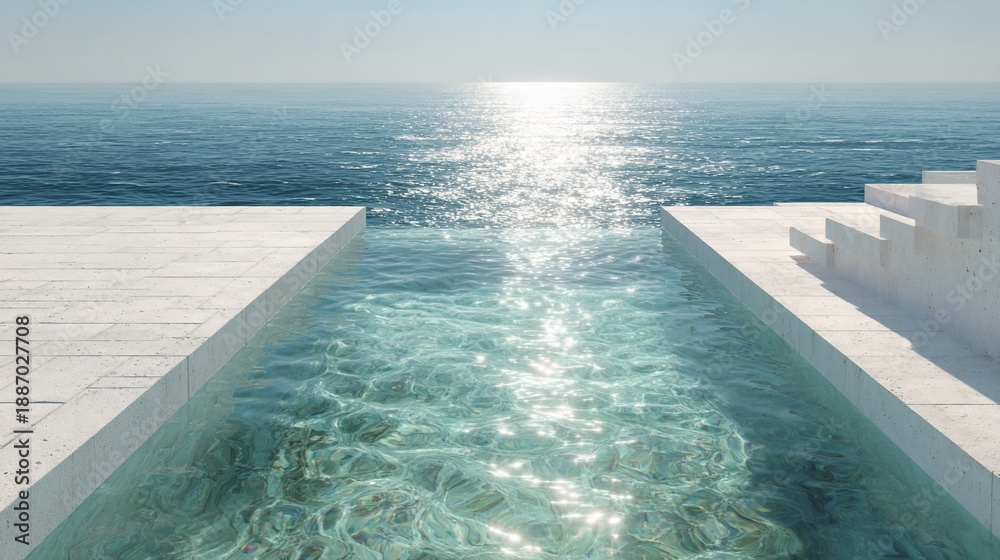 Fototapeta premium Infinity pool merging with ocean, bright sunlight, minimalist architecture, sunny coastal scene