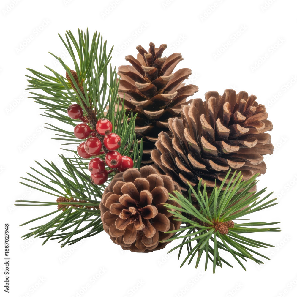 Fototapeta premium A festive Christmas arrangement of natural pine cones, vibrant green pine needles, and a cluster of bright red berries, on a transparent background.