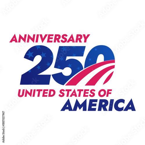A vector logo for the 250th anniversary of the United States, featuring the national flag colors and symbols on a white background. Celebrating American independence on July 4th.