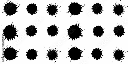 Abstract arrangement of irregular black ink blots on a white background
