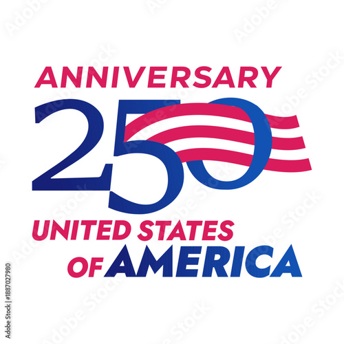 Vector logo for the 250th anniversary of the United States, in the colors of the national flag, on a white background. Celebrating American independence on July 4th.