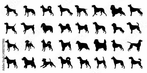 Collection of silhouetted dog breeds arranged in a grid pattern