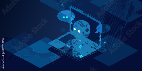Abstract robotic figure interacts with a laptop in a digital blue space