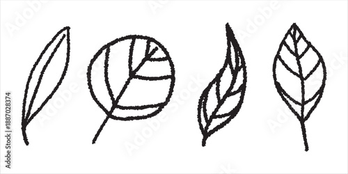 Leaf brush stroke hand drawn sketch doodle leaves, floral leaf elements ink style vector set. Simple botanical silhouette. Nature black paint kid scribble collage. Black rough flower border brush