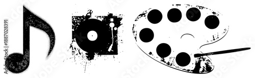 Halftone Music Note, Turntable, and Paint Palette in Vector Style