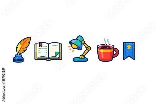 Various study tools including a pen, book, lamp, cup of coffee, and bookmark arranged in a simple line on a plain background