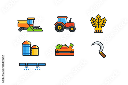 Various farm tools and equipment shown in colorful icons, representing activities on a farm during daytime hours within a rural setting