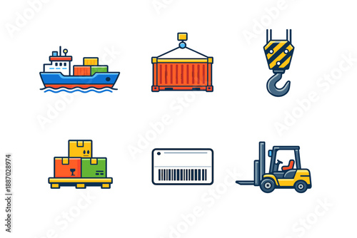 Shipping and logistics activities taking place on a busy dock featuring a cargo ship, crane, containers, and a forklift working together