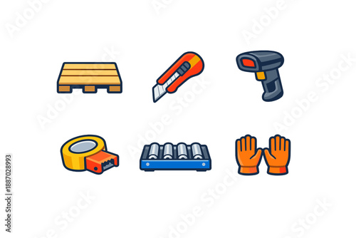 Tools and materials for packing and shipping tasks in a warehouse setting during the daytime
