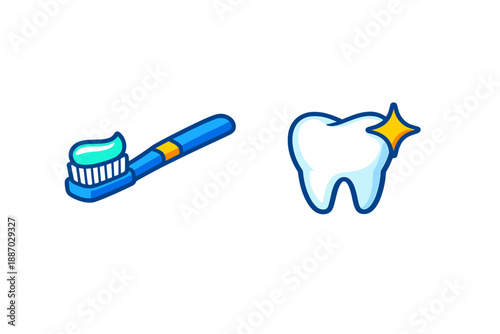 Brushing teeth with toothpaste and a shining tooth displayed together in a simple design emphasizing dental hygiene