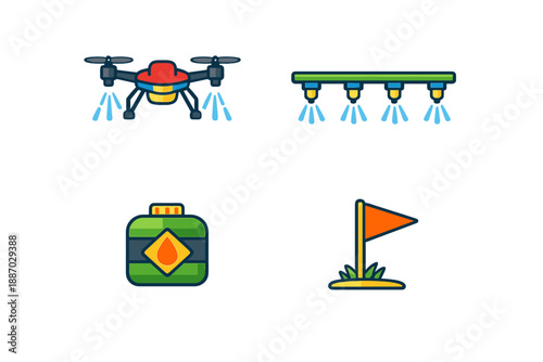 Drones and spray equipment for agricultural practices in a field setting during daytime