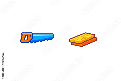 A blue saw and a piece of wood lie next to each other on a white surface as tools for woodworking and construction purposes