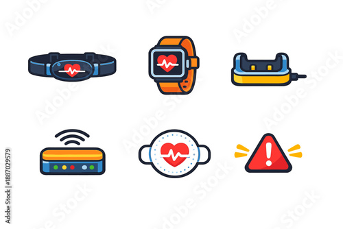 Different types of health monitoring devices are displayed together on a plain background, showing technology for tracking heart rates and other health metrics