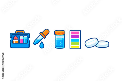 Collection of tools and materials used in scientific experiments and laboratory work including a dropper, containers, and tablets
