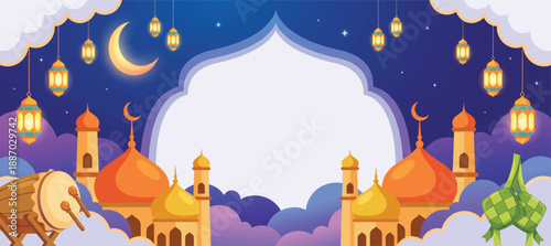 Ramadan background with golden mosque, traditional bedug drum and lanterns on starry night sky