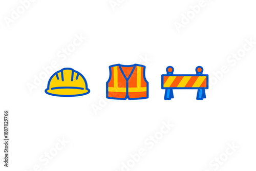 Construction tools and safety gear showing hard hat, safety vest, and barrier used in building sites and road works