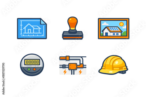 Construction tools and materials are shown in a set of icons representing different aspects of building and design in a clear and simple style