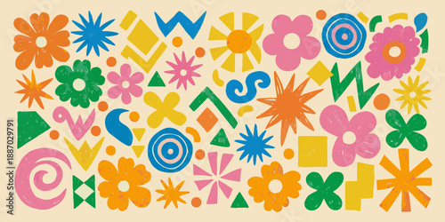 A vibrant and colorful arrangement of retro floral and abstract shapes
