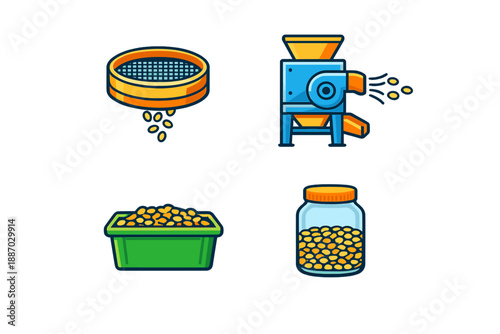 Schilderij op canvas Equipment used in processing seeds displayed on a white background showing vario