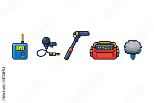 Various audio recording equipment is shown on a simple background including a wireless transmitter, microphone, boom pole, audio bag, and windscreen