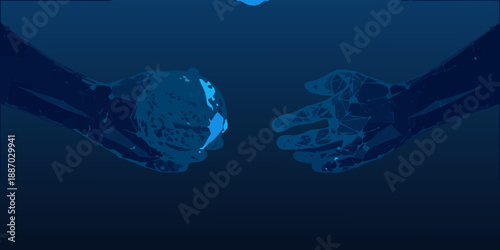 Two robotic hands reaching towards each other with a glowing sphere