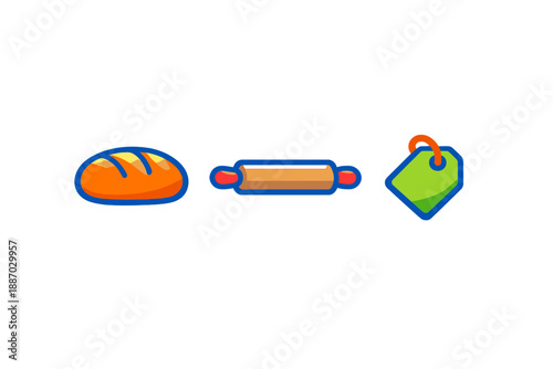 Icons of bread, a rolling pin, and a price tag showing food preparation and shopping items in a kitchen setting