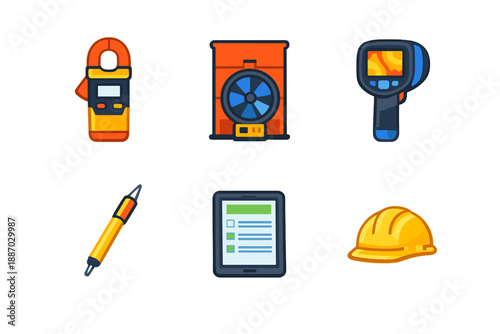 Tools for building inspection and maintenance tasks are shown on a white background including a thermal camera, fan, clipboard, pen, and hard hat