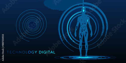 Digital human form with radiating energy waves and technological interface