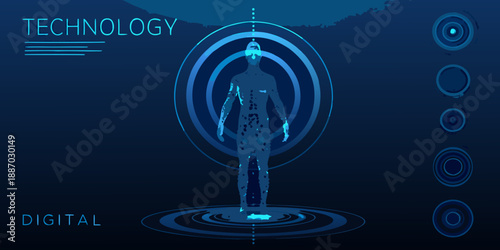 Human figure immersed in technology surrounded by digital waves and circles