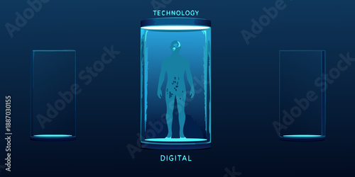Human figure in a futuristic glowing capsule representing technology and digital life
