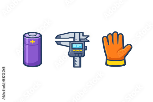 Tools and supplies are arranged in a straight line showing a battery, a caliper, and a glove