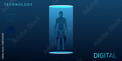 A human figure encased in a futuristic digital cylindrical pod