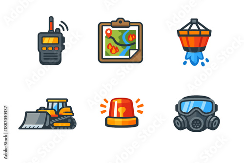 Icons of firefighting equipment and tools used during fire response and management in various locations and situations