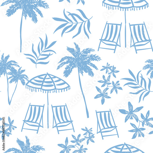 Tropical beach resort, blue line palm trees, striped umbrellas, sun lounges, leaves, flowers, white background. Seamless pattern. Vector illustration. Exotic nature. Summer design