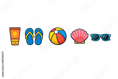 Summer beach items laid out for fun in the sun with sunscreen, flip flops, beach ball, shell, and sunglasses ready for the day