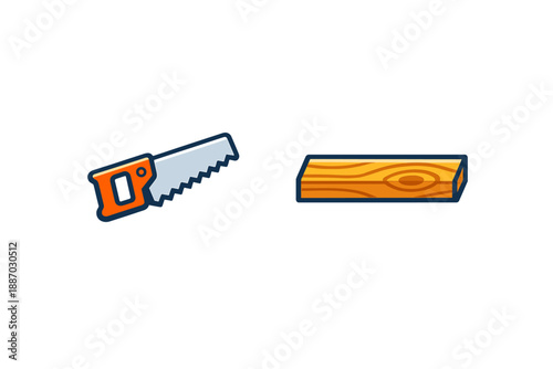 Woodworking tools on a plain background showing a hand saw and a wooden plank ready for cutting
