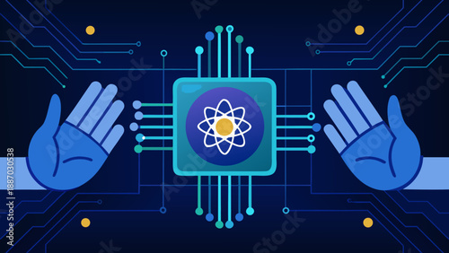 "Two Digital Hands Holding AI chip with nuclear atom icon with circuit. Blue Low Poly Wireframe Illustration on Dark Blue Background. Science and Technology Innovation Concept. Vector illustration." 
