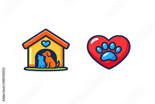 Cartoon representation of a dog and cat in a house with a heart symbol nearby showing love for pets