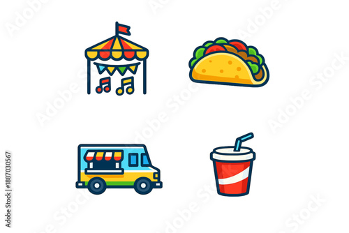 Food truck festival features taco stand, carnival tent, drink stand, and entertainment in a lively outdoor setting during a sunny day