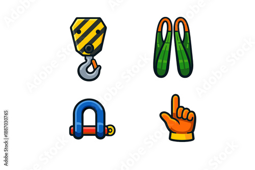 Construction tools and equipment for lifting and securing loads shown in a simple layout with a hook, slings, shackle, and hand symbol